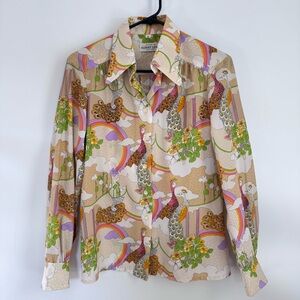 Albert Lewis Vintage Button Down Blouse Peacock Rainbow Print size 8